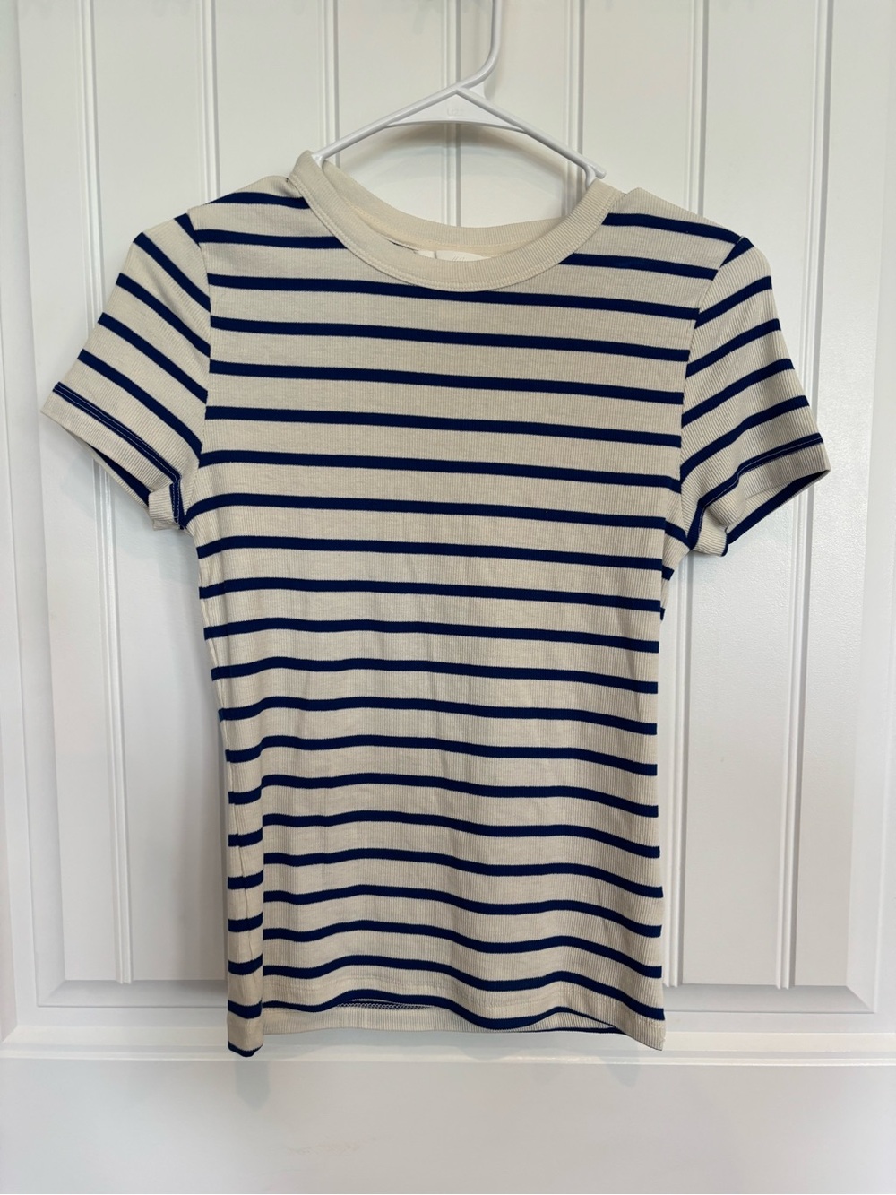 H&M Cream and Navy Striped Crewneck Tee